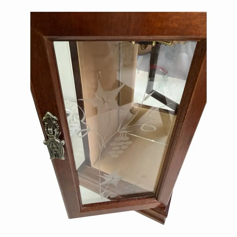 Vintage 1980’s Wooden Jewelry Cabinet Mirror Back Glass Etched Door Carousel